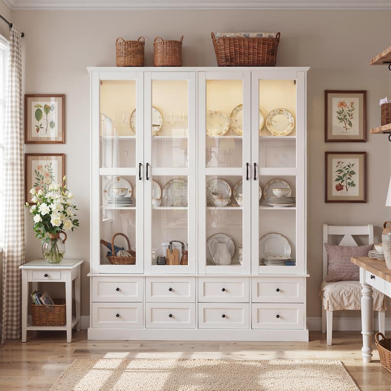 63" Lighted Glass Display Cabinet Curio Cabinet with Bluetooth LED Lights, White China Cabinet Storage for Living Room