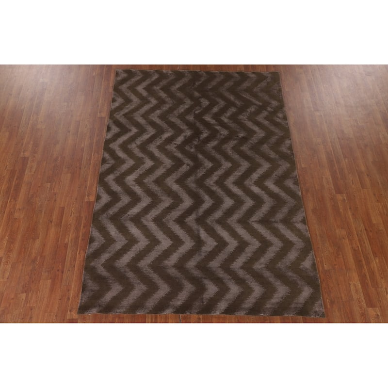 Brown Chevron Style Nepalese Oriental Rug Hand-Knotted Wool Carpet - 6'0" x 8'8"