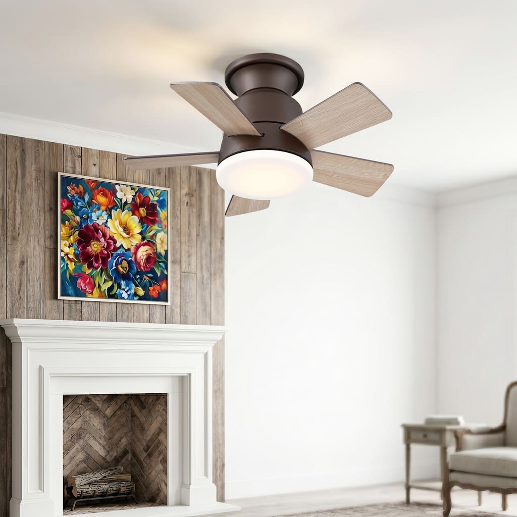 24" Oil-rubbed Bronze Wood Flush Mount Hugger Ceiling Fan with Dimmable Light and Remote