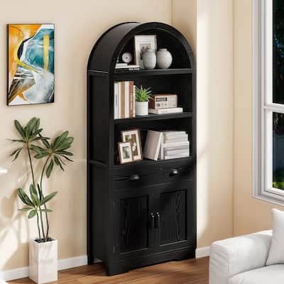 Moasis 71"/68" Tall Arched Bookshelf with Storage, Arched Bookcase with 2 Drawers and Doors