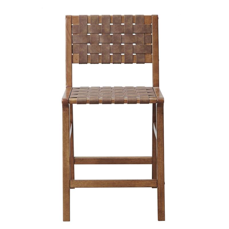 Roomfitters 24-Inch Woven Counter Stool, Faux Leather Mid-Century Modern Bar Chair with Solid Wood Frame, Brown