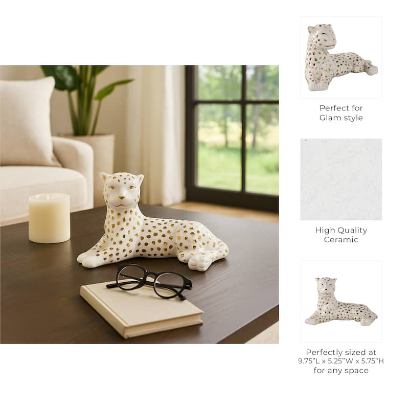 Ceramic Leopard Decorative Figurine - White and Gold
