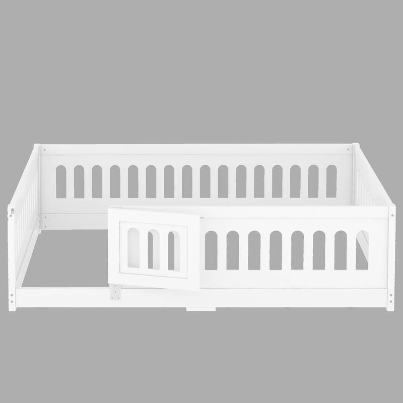 Montessori Floor Bed with 22" High Guardrails, Solid Wood Bed with Door, Twin/Full Size for Children - White - Full