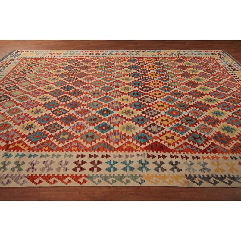 South Western Kilim Oriental Area Rug Flatweave Wool Carpet - 9'7" x 13'3"