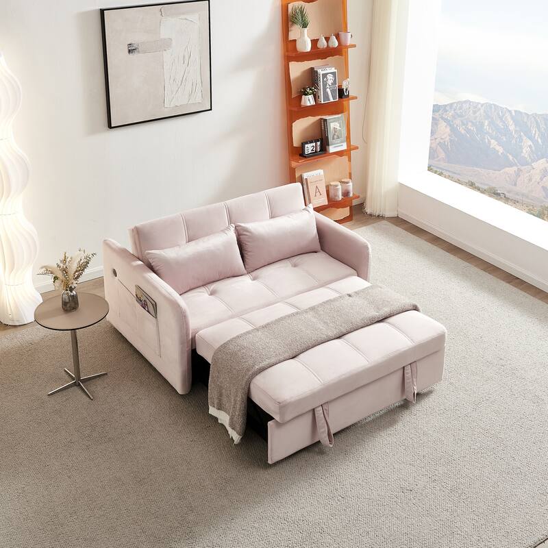 3 in 1 Sleeper Sofa Couch Bed, Pull Out Loveseat with StorageTwins Velvet Convertible Sofa Couch with 2 Pockets & USB Ports - Pink