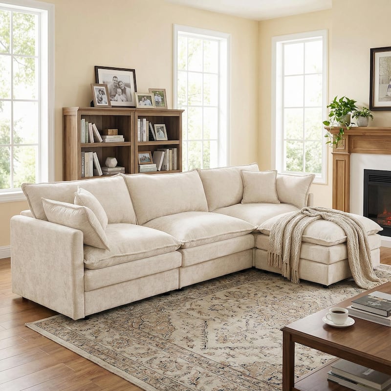 Homy Casa 102" L-Shaped Modular Sectional Sofa Movable Ottoman, Cloud-Style Chenille Couch, DIY Combination for Living Room Tray