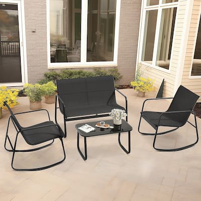 Moasis 4 Piece Outdoor Patio Conversation Set with Bistro Rocking Chairs,Loveseat and Glass Table
