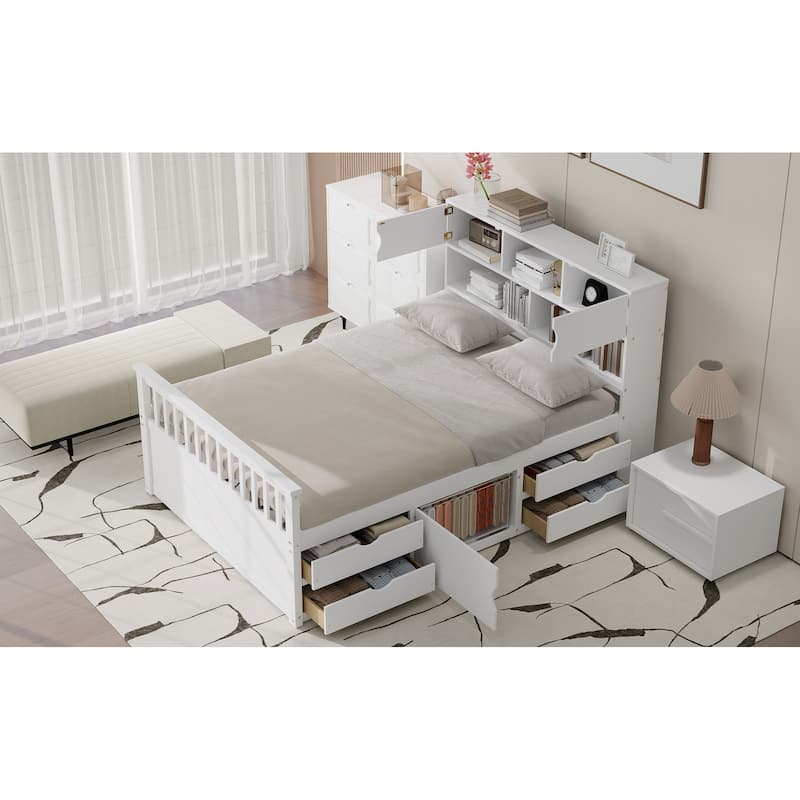 Full Size Captain Platform Bed Frame with Storage Bookcases and Shelves,Four Drawers