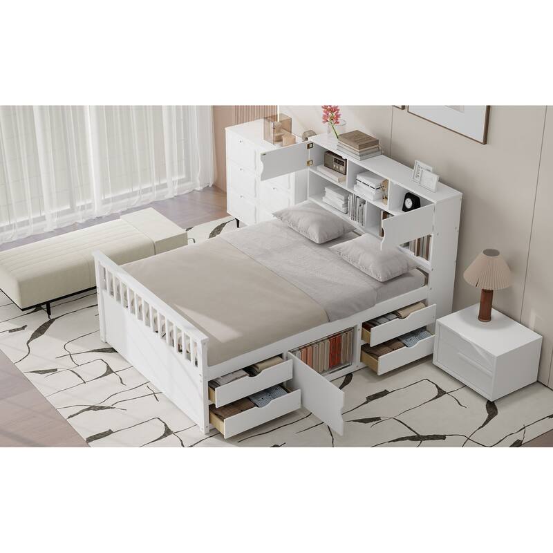 Full Size Platform Bed with Bookcase Headboard, 4 Storage Drawers & Adjustable Underbed Shelves, No Box Spring Needed, White