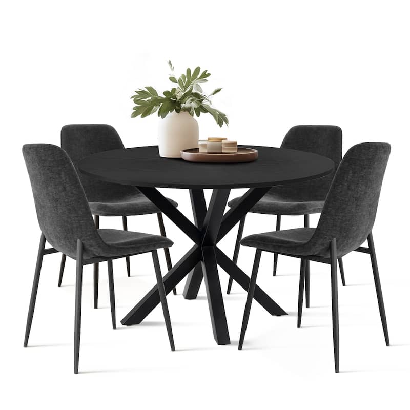 Round Dining Table Set for 4 with Upholstered Chairs and Pedestal Base - Grey