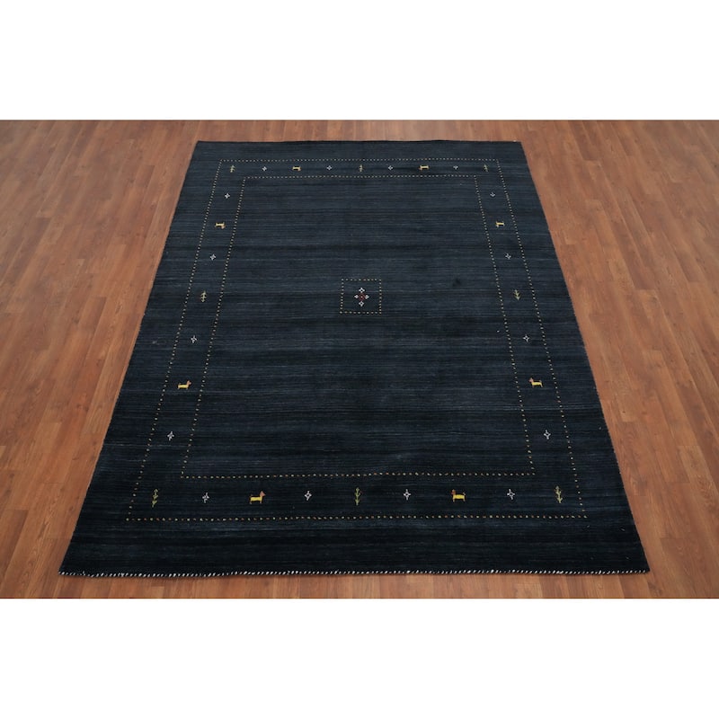 Hand Knotted Oriental 100% Wool Carpet Tribal Animal Pictorial Navy Blue & Blues Gabbeh Area Rug - 8' 0'' X 6' 0''