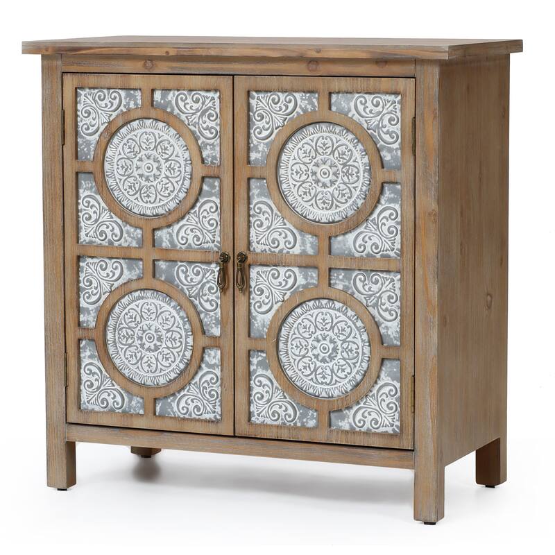 Floral Lattice Metal 2-Door Farmhouse Pine Wood Storage Cabinet - 31.9" H x 31.5" W x 15.7" D