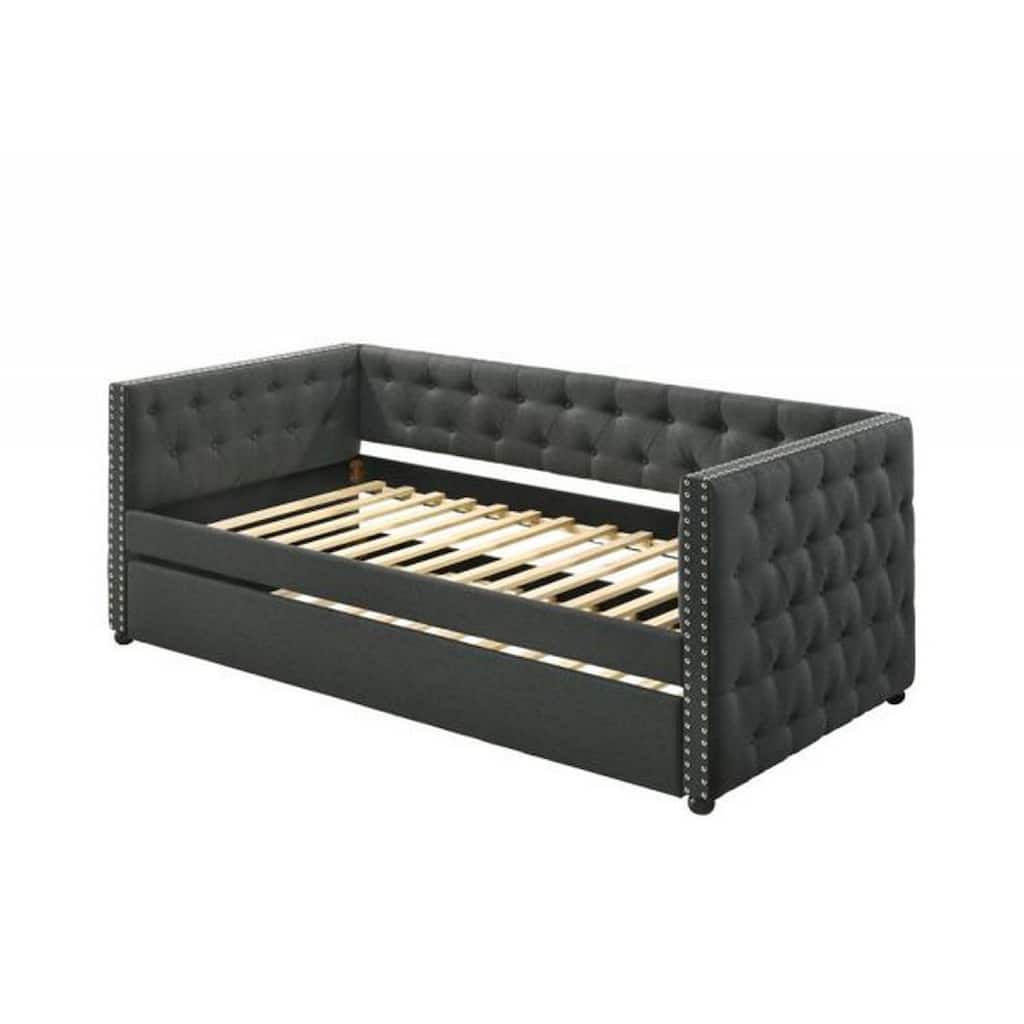 Twin Daybed with Chesterfield Style and Trundle, Gray