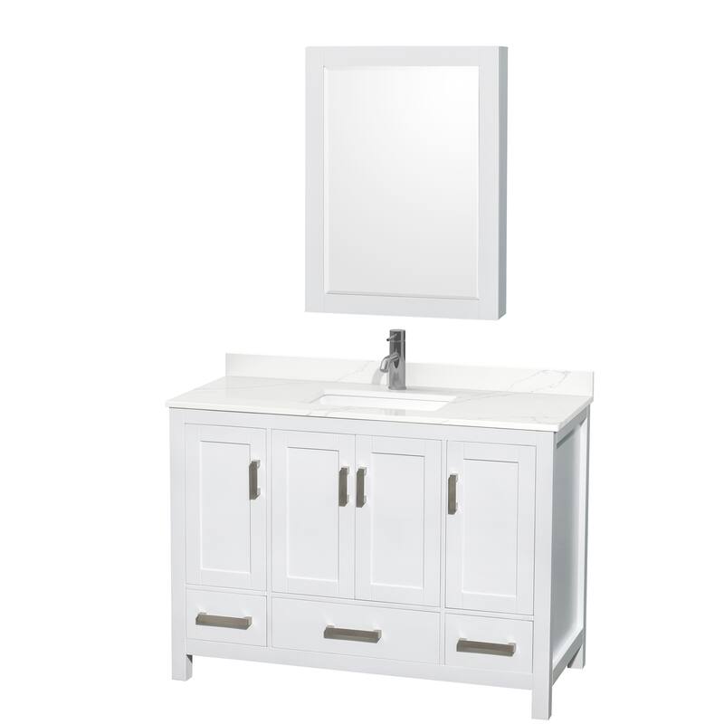 Sheffield 48-inch Single Vanity, Single Hole Quartz Top, Med Cabinet - White, Chrome Trim, Giotto Quartz Top