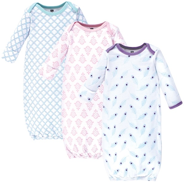 slide 1 of 1, Hudson Baby Infant Girl Cotton Long-Sleeve Gowns 3pk, Peacock Feathers Preemie-Newborn - Peacock Feathers
