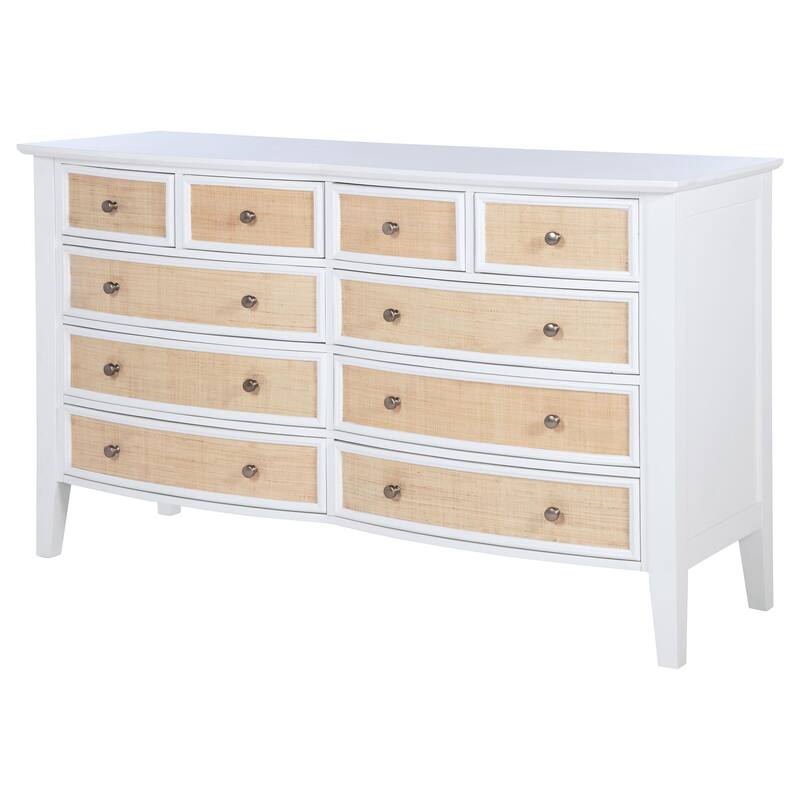 Heo Wide Dresser, 10 Drawers, Rattan Woven Curved Front, White Wood