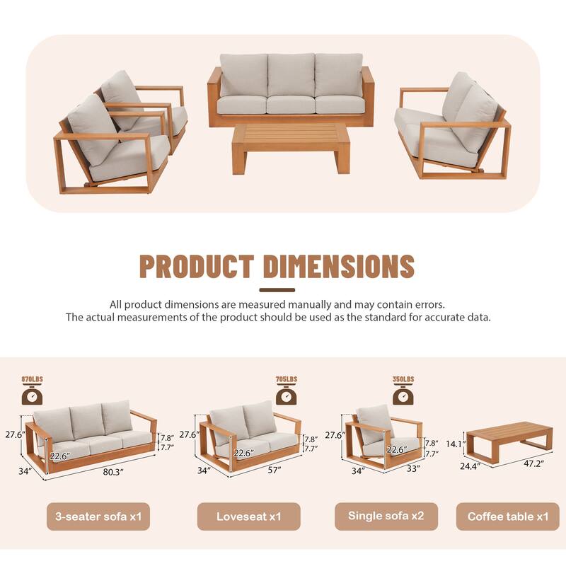 Outdoor Conversation Set 5-Piece Eucalyptus Wood 3-Seater Sofa Weather‑resistant Rope Weave Loveseat with Coffee Table