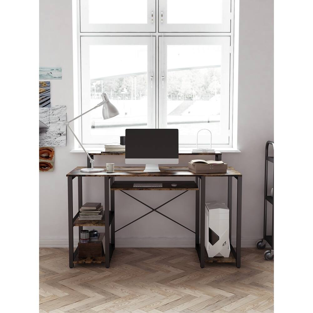 Home Office Computer Desk with Open Storage Shelves Modern Sturdy Writing Desk with Keyboard Tray and Monitor Shelf