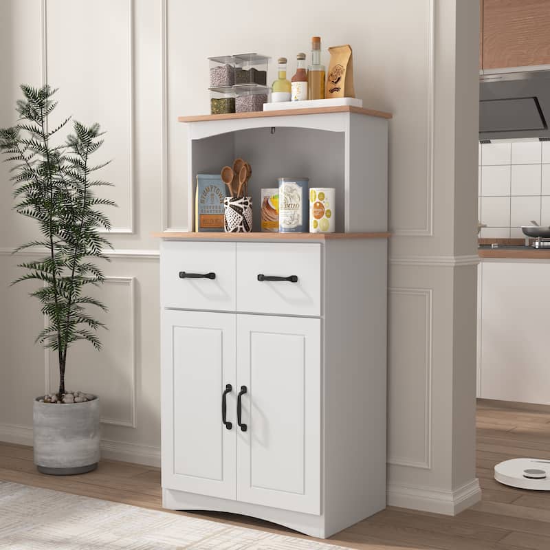 White Wooden Kitchen Pantry Cabinet with Microwave Shelf, Drawer and Closed Cabinets, Pantry Room Storage Microwave Cabinet