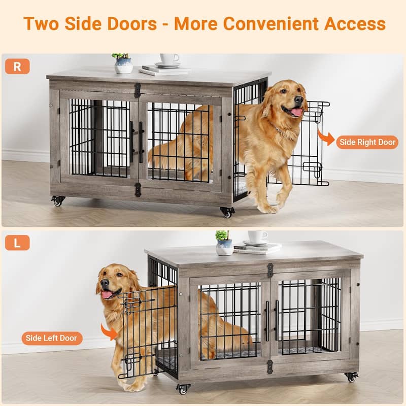 Dog Crate Indoor Heavy Duty Double Doors Wooden Dog Cage with Cushion