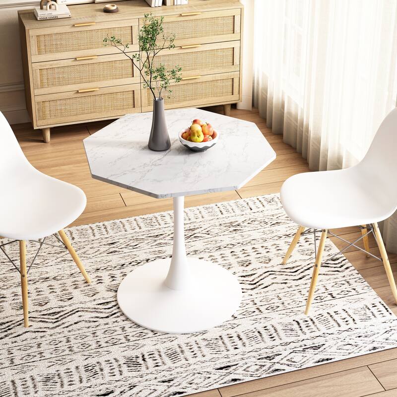 Modern Octagonal Coffee Table with Printed White Marble Table Top, Metal Base