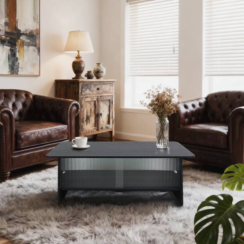 47" Rectangular Modern Minimalist Coffee Table With Glass Sliding Door Storage Center, Suitable For Living Room, Bedroom