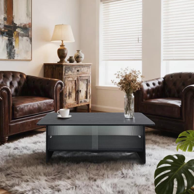 47" Stylish Coffee Table 2-Tier Center Tables with Storage, Large Living Room Table Rectangular Wood Tea Tables with Glass Door