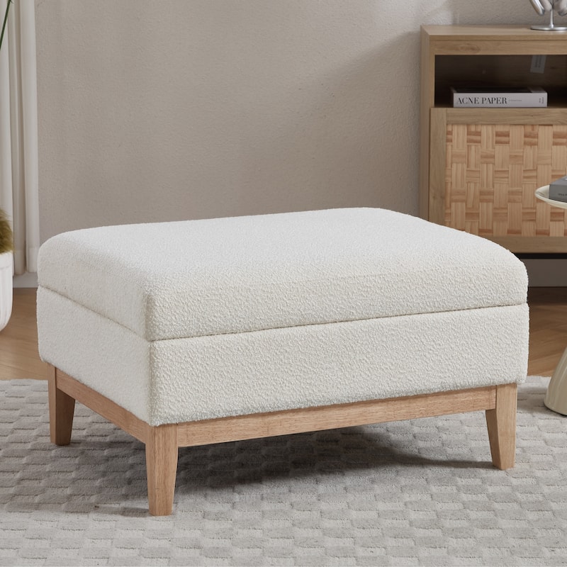 33.9"W Modern Storage Ottoman Bench with Wood Legs - Ivory/Natrual Leg
