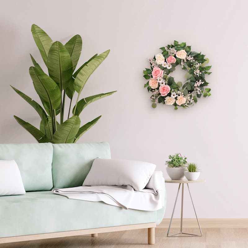 24" Artificial Rose,Camellia,babysbreath Floral Spring Wreath