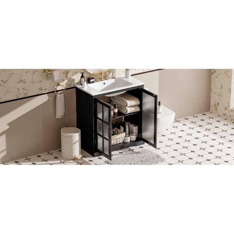 30"Bathroom Vanity with Ceramic Sink, Tempered Blurred Glass and Matte Black Handles, Large Storage Space and Rubber Wood Frame