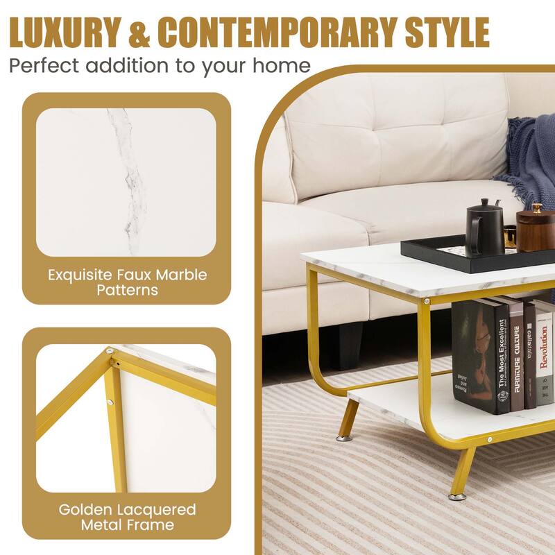 Costway Coffee Table 2-Tier Modern Marble Coffee Table with Storage - See Details