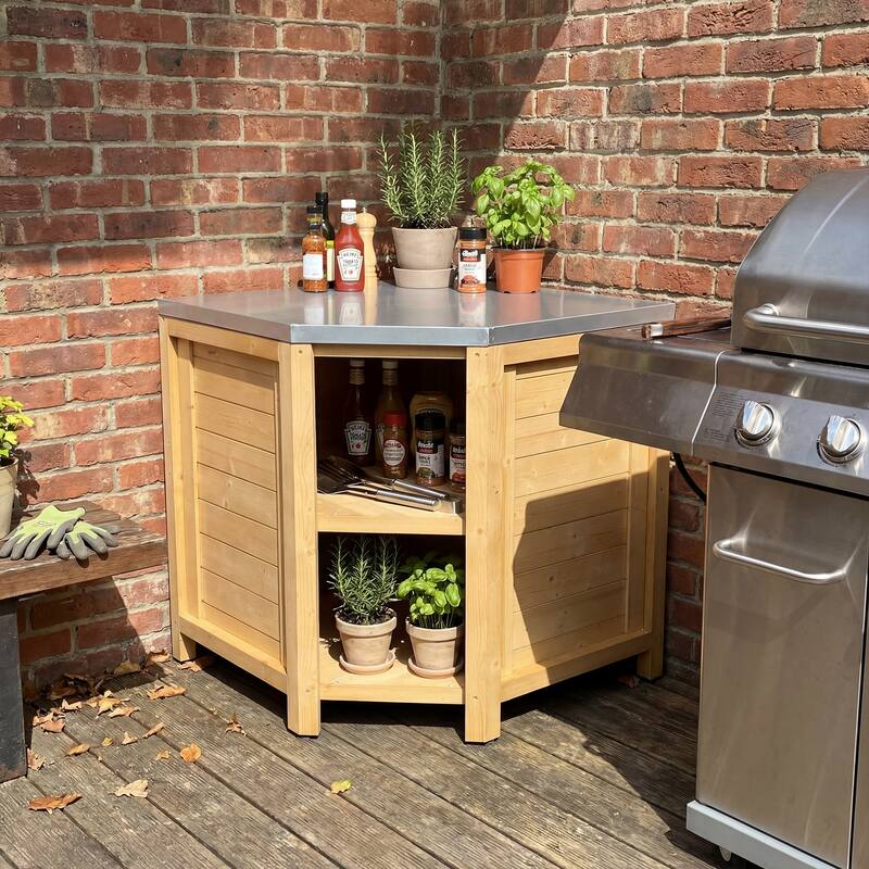 Modular Outdoor Kitchen Island Set, 100% Solid Wood BBQ Cabinet , Patio Kitchen Bar Table - 35.4"Conrer(Wood)