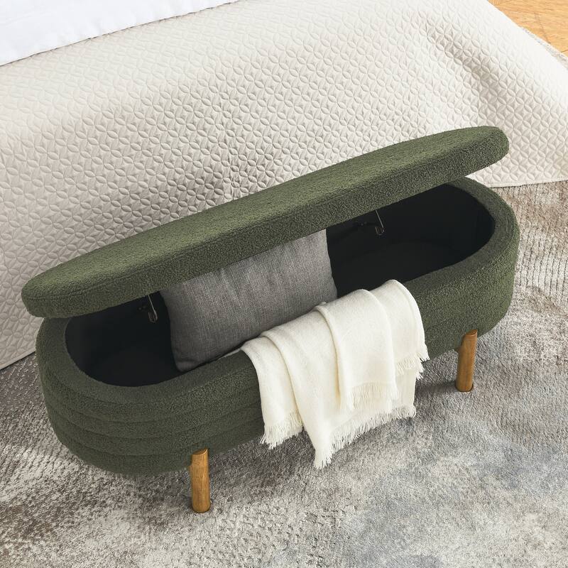 Small Ottoman Oval Storage Bench with Rubber Wood Leg Bedroom Upholstered Footstool Bench with Hidden Storage