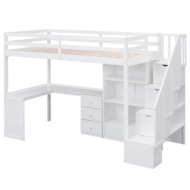 Multifunctional Wood Twin Size Loft Bed with L-Shaped Desk and Storage Staircase, Loft Bed Frame with Cabinet and Drawers
