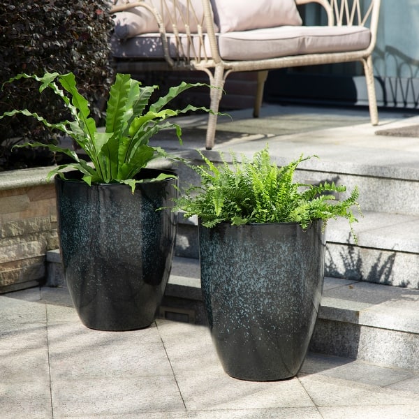 Glitzhome 16.75"H Set of 2 Oversized Eco-Friendly PE/Resin Faux Ceramic Tall Plastic Planter Porch Pot - Turquoise