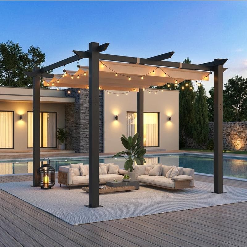 EROMMY 10' x 13' Outdoor Pergola with Retractable Canopy, Heavy-Duty Metal Frame and Adjustable Patio Shade Roof - 10'x10' - Khaki