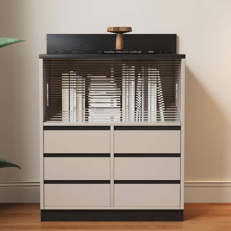 Modern 6-Drawer Storage Cabinet with Wavy Design and Black Wood-Grain Desktop - 6-drawer