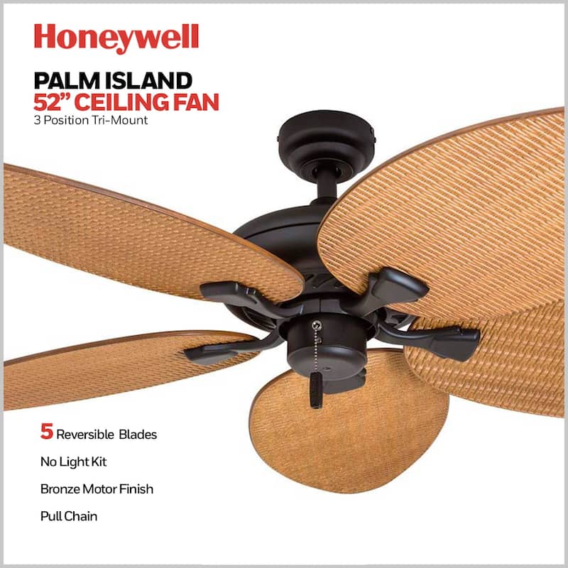 52" Honeywell Palm Island Bronze Indoor/Outdoor Ceiling Fan with No Light, Pull Chain, 5 Palm Leaf Blades, Damp-Rated