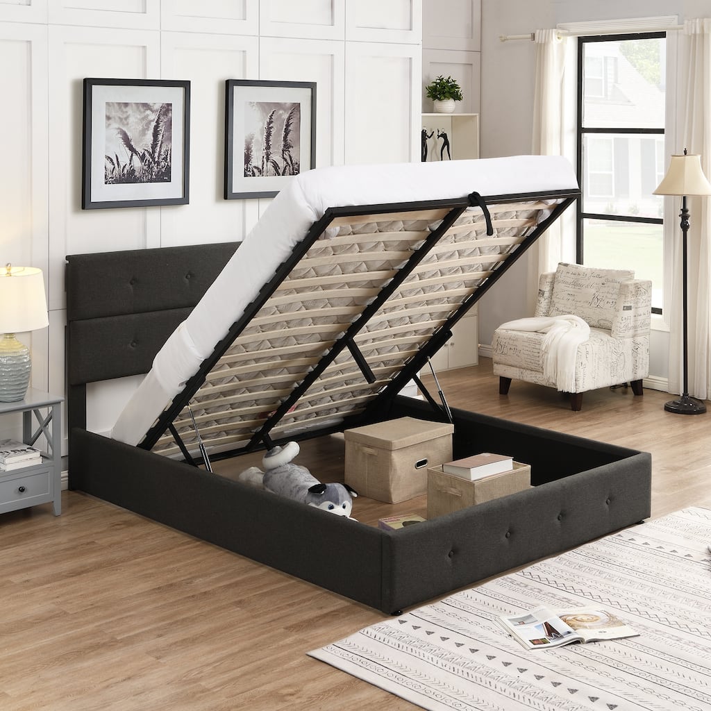 Grey Modern Queen Upholstered Platform Bed with Under-Bed Storage - Sturdy Construction