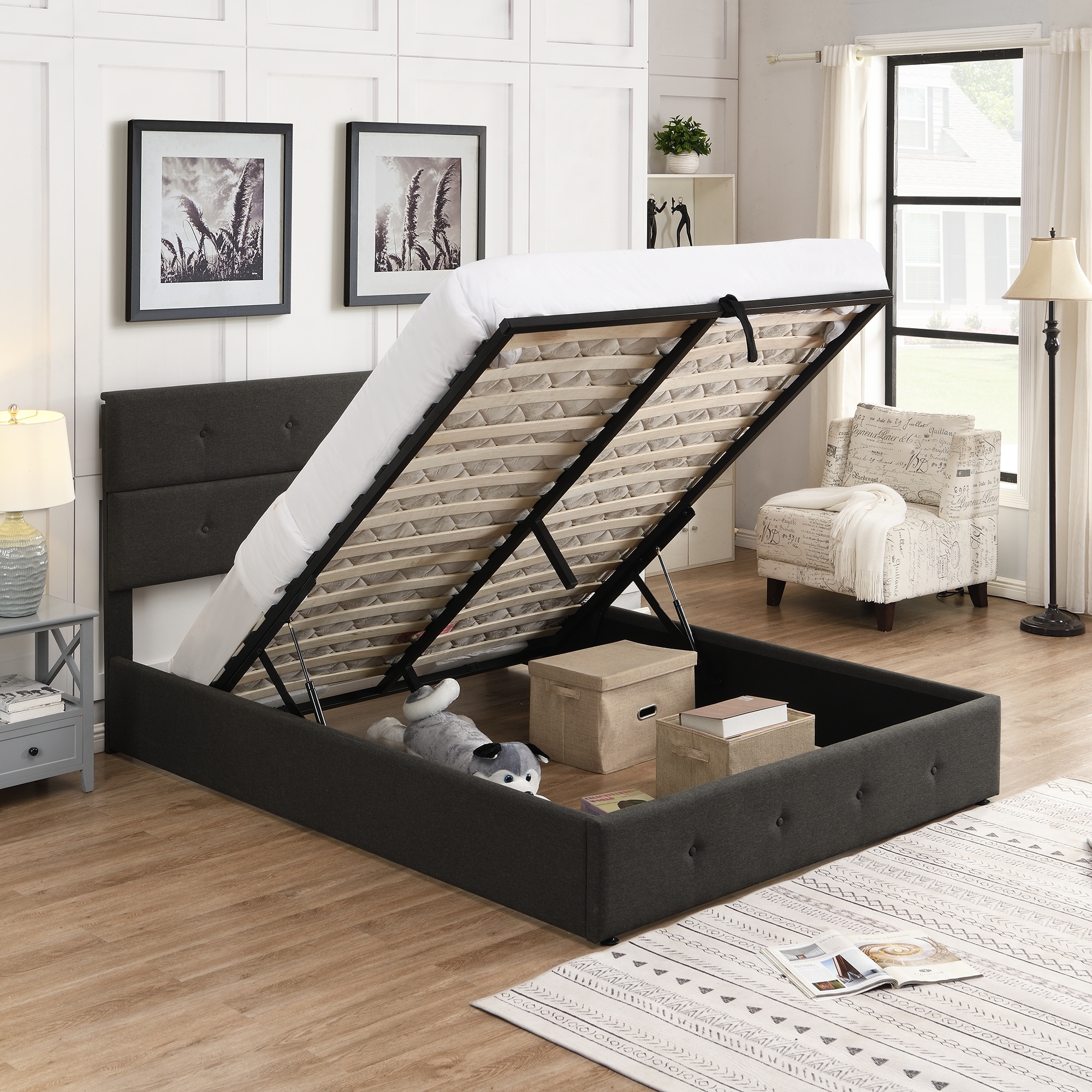 Grey Modern Queen Upholstered Platform Bed with Under-Bed Storage - Sturdy Construction