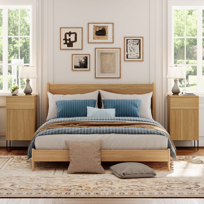 Modern Minimalist Nightstand Set Of 2 With Built-In Outlets, Reed Pattern Design