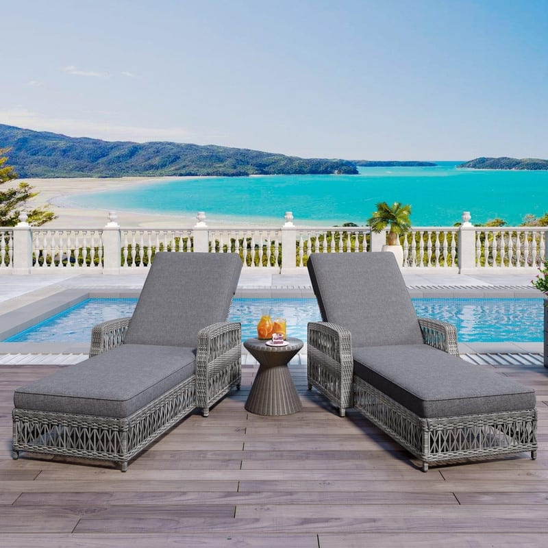 Outdoor Lounge Chairs Set of 2, Adjustable Poolside Wicker Recliners with Armrests for Relaxation - Grey