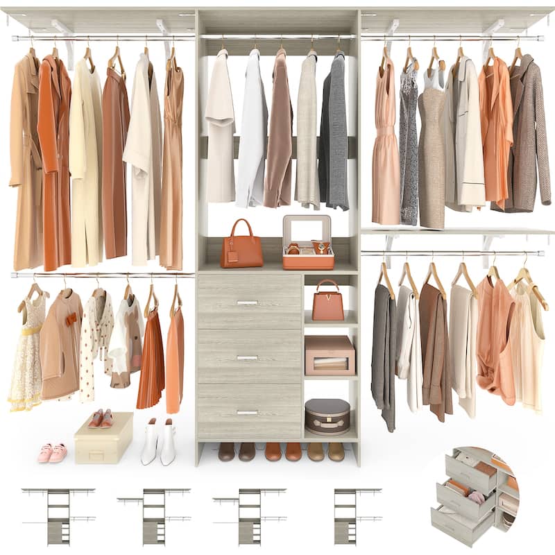 Rackcog 96'' W Closet Organizer with Drawers and Hanging Rods, Wardrobe Closet System (can be cut to fit)