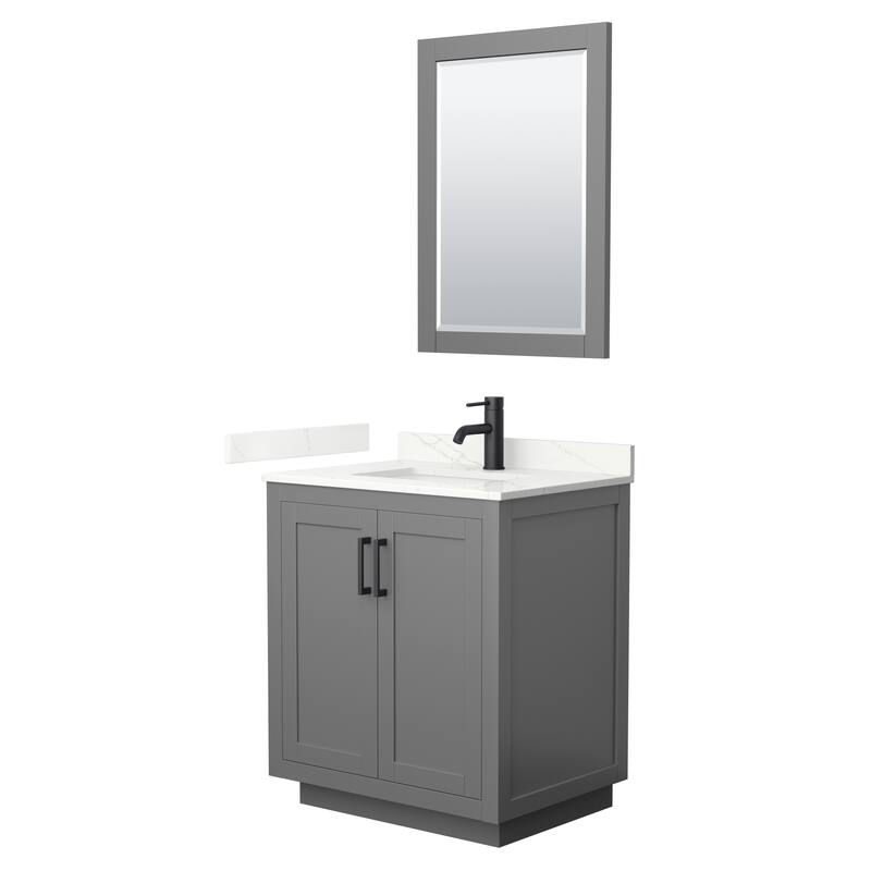 Miranda 30-inch Single Vanity, Quartz Top, 24-inch Mirror - Dark Gray, Black Trim, Giotto Quartz Top