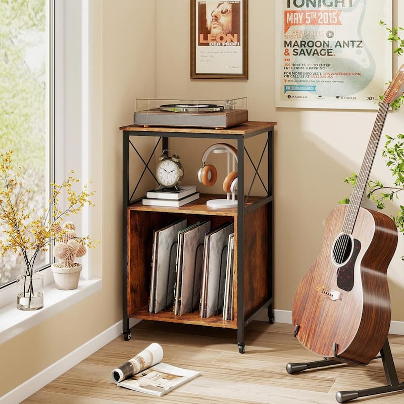 Record Player Stand w/Charging Station Storage Side Table on Wheels
