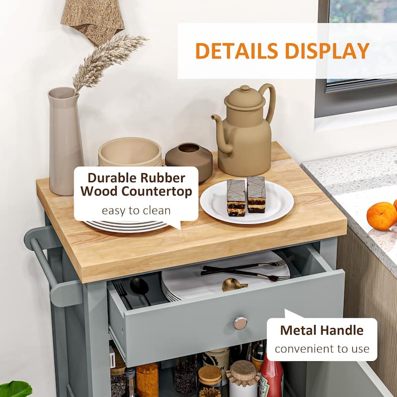 Utility Kitchen Cart, Rolling Kitchen Island with Rubberwood Top, Narrow Butcher Block Surface with Drawer & Cabinet