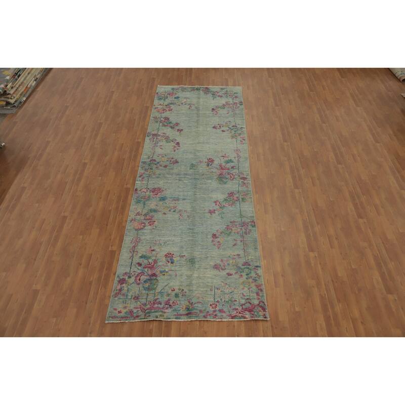Hand Knotted Oriental 100% Wool Carpet Traditional Floral Navy Blue & Blues Ziegler Runner Rug - 14' 8'' X 4' 10''