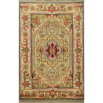 Hand Knotted Oriental 100% Wool Carpet Traditional Medallion Green Heriz (serapi) Area Rug - 3' 0'' X 2' 0''