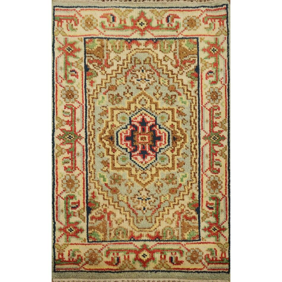 Hand Knotted Oriental 100% Wool Carpet Traditional Medallion Green Heriz (serapi) Area Rug - 3' 0'' X 2' 0''
