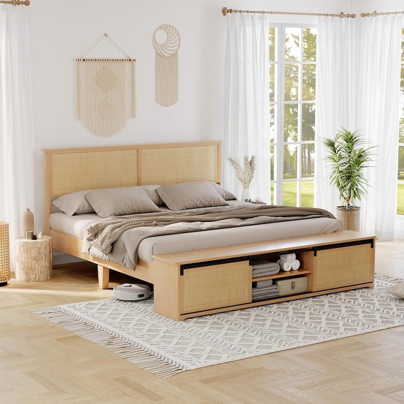 Natural Rattan Full Size Bed Frame with Sliding Barn Door Storage Cabinets - Queen